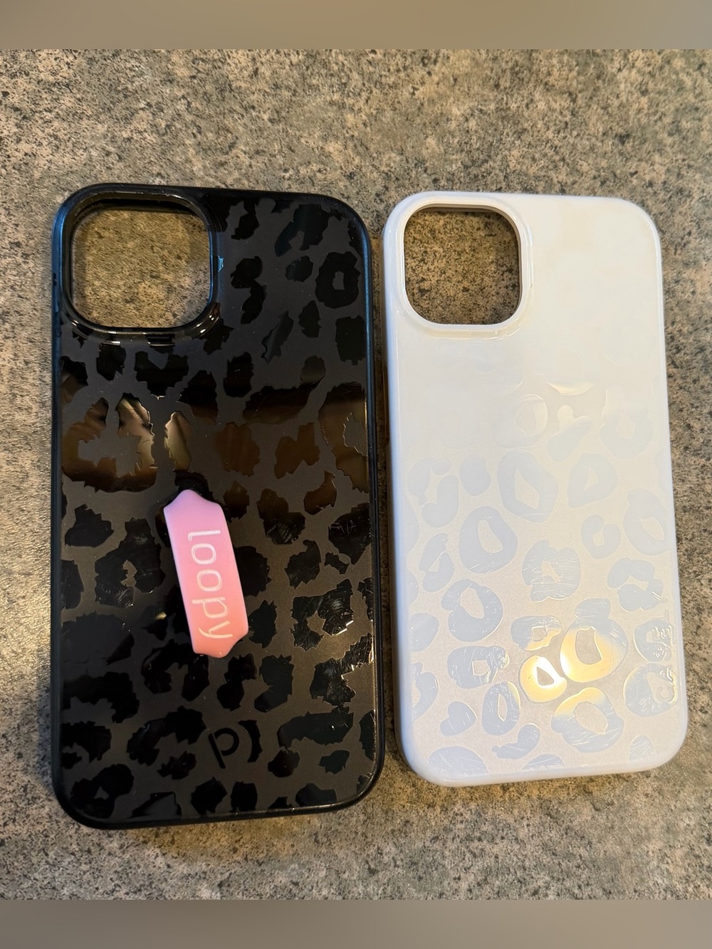 Black and white leopard iPhone 13 Pro cases. Loopy and Casely